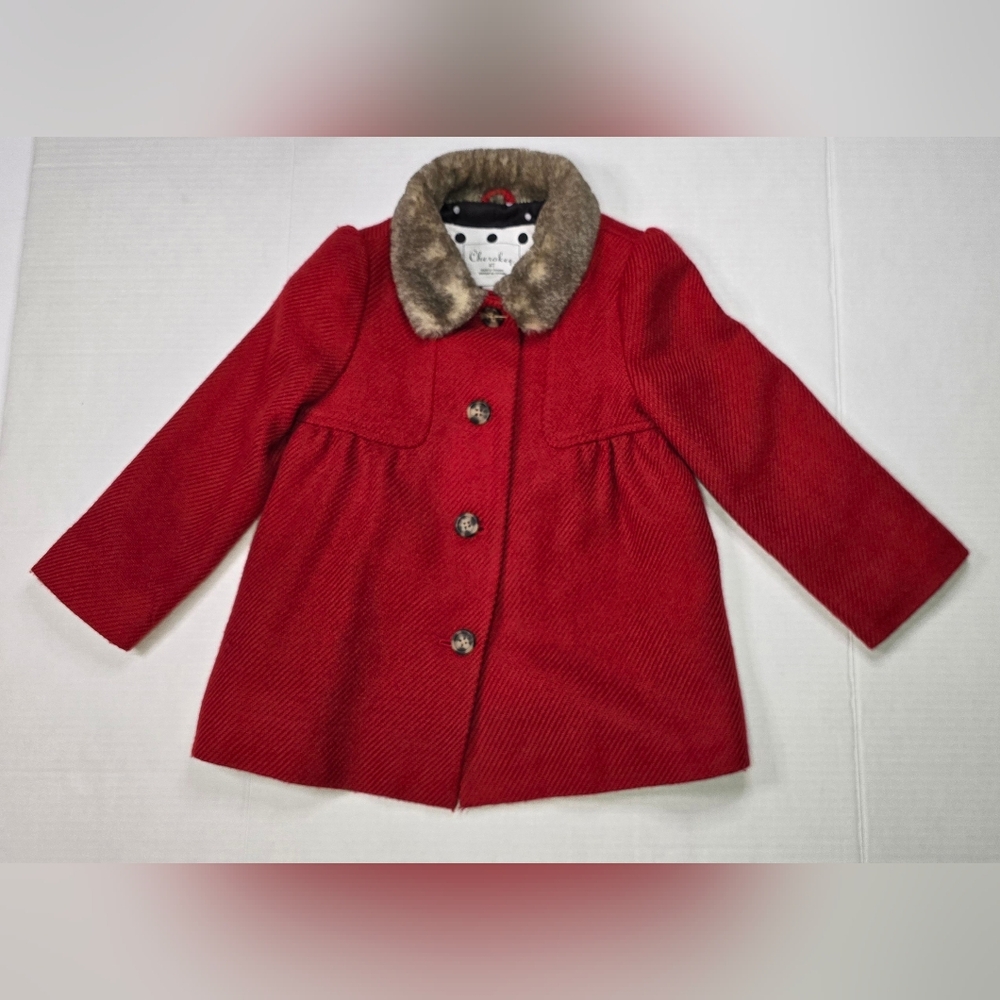Cherokee Red Twill Coat with Faux Fur Collar Size 4T